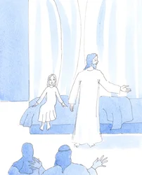 Al preocuparnos por la gente que necesita comida y bebida, demostramos el amor que hay en nuestros corazones, como hizo Jesús cuando curó a una niña, 2005 (acuarela sobre papel)