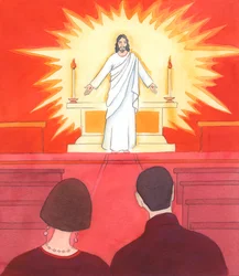 Cristo me pidió que dijera a otras personas: "Si pudieras ver a Jesús en el santuario, observándote, mientras entras, ¿harías mejores genuflexiones", 2005 (acuarela sobre papel).
