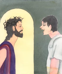 Cristo soportó horribles insultos en su Pasión, ya que los soldados se burlaron de Él por su predicación, su afirmación de ser el Hijo de Dios, su origen galileo, y también por su pureza e inocencia, 2005 (acuarela sobre papel).