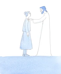 Cristo me rozó el hombro, mientras me aseguraba que nuestros pequeños defectos son como pequeñas motas de polvo en un traje elegante, al acercarnos a Él para la Sagrada Comunión, 2005 (acuarela sobre papel).