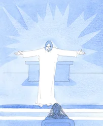 Cristo me saludó con los brazos abiertos en un gesto de amor, mostrando su alegría, en el cumpleaños de mi hijo, que he acogido a todos los niños que he concebido, y he estado agradecida por el don de la ayuda de Dios, 2005 (acuarela sobre papel)