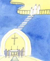 Cristo nos invita a aparecer en la barandilla del altar, para recibir la Sagrada Comunión; y al final de la vida a aparecer en la barandilla al borde del Cielo, hechos santos y listos para entrar