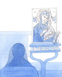 Cristo nos invita a confiar en su santa Madre María y a pedir sus oraciones, especialmente bajo el título "Madre del Perpetuo Socorro", 2005 (acuarela sobre papel).