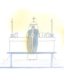 Cristo se alegra de la celebración de la Forma Extraordinaria de la Misa, que permite vivir aspectos de la liturgia admirables y apropiados, 2005 (acuarela sobre papel)