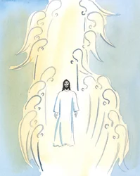 Cristo está sustancialmente Presente con nosotros en la iglesia, en el sagrario, y se hace Presente en el altar en la Consagración en la Misa, 2005 (acuarela sobre papel)