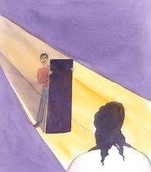 Cristo dijo que una persona que profesa amar a Cristo mientras se niega a guardar los Mandamientos o a hacer la Voluntad de Cristo en otros asuntos es como un hombre que sostiene una puerta, 2005 (acuarela sobre papel).