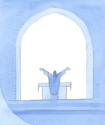 Cristo está en el altar, intercediendo por nosotros, con los brazos abiertos, intercediendo por su pueblo, por los vivos y los difuntos, y ofreciendo nuestras oraciones como propias