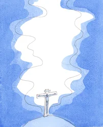 El Sacrificio de Cristo en el Calvario, representado sacramentalmente en la Misa, es el sacrificio "perfumado" cuyo aroma -de obediencia y amor- se eleva al Cielo, alaba dignamente al Padre y es todo suficiente, 2005 (acuarela sobre papel).