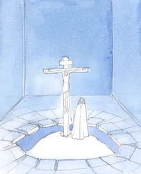 Desde nuestro santuario, en cada misa, Jesucristo Salvador ofrece la oración que rezó por nosotros durante su Pasión, mientras moría en el Calvario: "Padre, perdónalos", 2005 (acuarela sobre papel).