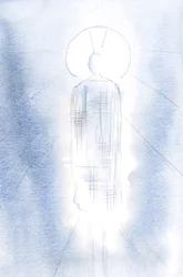 Él estaba de pie en majestad, con una túnica real, su cabeza rodeada de luz.