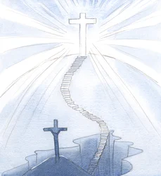Vi la escalera hacia la alegría, y una cruz iluminada, ahora nuestro Santo y Radiante símbolo, plantada en el Cielo
