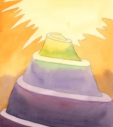 Si perseveramos en el amor ferviente a Dios y al prójimo podemos llegar a la cima de la montaña de la santidad, y entrar en el Cielo en cuanto muramos, 2005 (acuarela sobre papel)