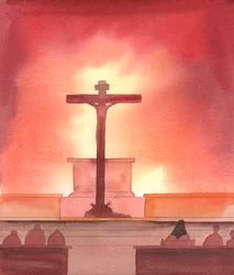 Es una tragedia, a los ojos de Cristo, que a muchos católicos se les diga que la Misa es simplemente una comida - sin mención del Sacrificio que Él ofreció en el Calvario, que se hace presente en nuestro santuario, 2005 (acuarela sobre papel).