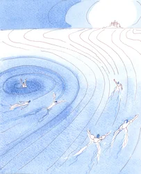 Es como si, para alcanzar el Cielo, tuviéramos que apuntar deliberadamente al Cielo, nadando contra la poderosa corriente que podría arrastrarnos a un "remolino" de maldad que conduce al Infierno, 2004 (acuarela sobre papel).