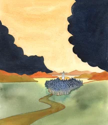 Fue como si una "nube" sobre la tierra se hubiera desgarrado, cuando Jesús recorrió Galilea, hablando la verdad sobre el propósito de la vida, la gloria del Padre, la necesidad del arrepentimiento y del Bautismo, 2005 (acuarela sobre papel).