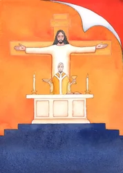 Jesús está presente con nosotros en la Misa, orando al Padre en nuestro nombre, pidiendo ayuda en nuestras necesidades y por la salvación eterna. Podemos unir todas nuestras oraciones con su gran oración sacrificial