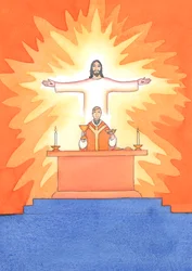 Jesús está Presente con nosotros en la Misa, orando al Padre en nuestro nombre, por ayuda en nuestras necesidades y por la salvación eterna. Podemos unir todas nuestras oraciones con su gran oración sacrificial.