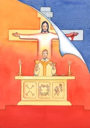 Jesús está presente con nosotros en la Misa, orando al Padre en nuestro nombre, por ayuda en nuestras necesidades y por la salvación eterna. Podemos unir todas nuestras oraciones con su gran oración sacrificial