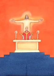 Jesús está presente con nosotros en la Misa, orando al Padre en nuestro nombre, pidiendo ayuda en nuestras necesidades y por la salvación eterna. Podemos unir todas nuestras oraciones con su gran oración sacrificial