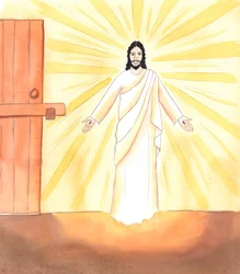 Al igual que Jesús entró silenciosamente por una puerta cerrada para estar con sus amigos en el Cenáculo, y darles valor y alegría, así Él viene silenciosamente a nosotros cuando ponemos nuestra confianza en Él, 2005 (acuarela sobre papel)