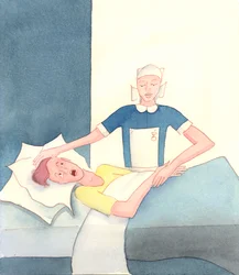 Así como un pecador moribundo puede (por la gracia de Dios) ser salvado del Infierno por la visita de una persona caritativa, como una enfermera, por ejemplo, 2005 (acuarela sobre papel)