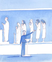 Muchos católicos de hoy, que no creen en todas las enseñanzas de la Iglesia, pintan una caricatura de la época anterior al Último Concilio, 2005 (acuarela sobre papel)