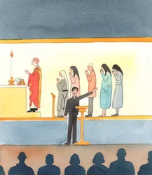 Muchos católicos de hoy, que no creen en todas las enseñanzas de la Iglesia, pintan una caricatura de la época anterior al Último Concilio, 2005 (acuarela sobre papel)