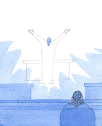 En el cumpleaños de mi hijo menor vi a Cristo en el altar, con los brazos extendidos en oración mientras alababa al Padre por todos los esposos que se aman, 2005 (acuarela sobre papel)