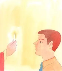 Las personas que creen en las palabras de Jesús sobre la Sagrada Eucaristía se comportan como las personas deben comportarse con su Dios y Salvador, Realmente presente bajo la apariencia de pan, 2005 (acuarela sobre papel).