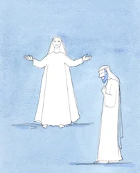 San José miraba a su esposa, María, con asombro y admiración, además de con amor. Su devoción por ella era sincera e incansable, pues se consideraba un privilegiado por poder cuidar de ella y de su Divino Hijo, 2005 (acuarela sobre papel)