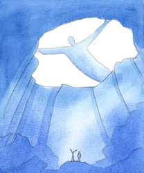 El Padre ve todo lo que nos pasa, mientras vivimos y trabajamos en la "oscuridad" de la vida terrenal, como en una caverna profunda, muy por debajo de la gloria del Cielo, 2005 (acuarela sobre papel)