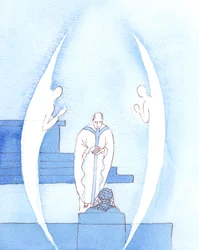 La Sagrada Eucaristía, que es Jesucristo Realmente Presente, es un regalo tan grande y santo que dos Ángeles acompañan al sacerdote mientras nos lleva el bendito Sacramento, para la Sagrada Comunión, 2005 (acuarela sobre papel).