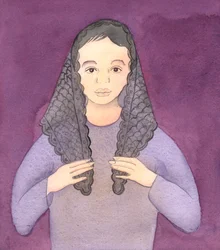 El Señor me pidió que hiciera un dibujo de una mujer llevando la mantilla en la iglesia según la antigua costumbre, 2004 (acuarela sobre papel)