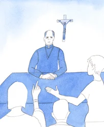 El Señor pide a los obispos que hagan un repaso de sus vidas. ¿Han dejado alguna vez de hablar de moral, por ejemplo, por miedo a molestar a la gente o a alejarla, 2005 (acuarela sobre papel).
