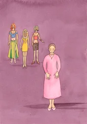 El Señor invita a las mujeres a vestirse con modestia, como sugieren las Sagradas Escrituras, y así ayudar a fomentar la castidad en sí mismas y en los demás, 2004 (acuarela sobre papel)