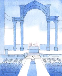 El Señor me mostró fila tras fila de personas reunidas en una Catedral para la Misa de Réquiem de un Obispo: personas que merecen oír la Fe predicada por los Obispos en su plenitud, 2005 (acuarela sobre papel).