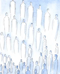 El Señor me mostró que miles de santos en el Cielo viven en perfecta paz, en gozo dichoso de la belleza de Dios, unidos en alabanza al Padre y en amor mutuo, 2005 (acuarela sobre papel).