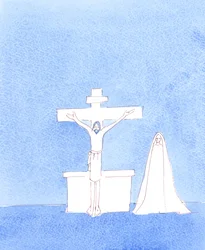 Cristo Resucitado está Realmente Presente con nosotros, después de la Consagración, rogando al Padre por el perdón de los pecadores, tal como Él oró desde la Cruz en el Calvario, 2004 (acuarela sobre papel)