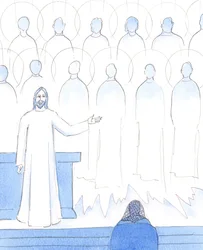 Los Santos del Cielo están allí porque hicieron la Voluntad de Dios en la vida terrenal, o la hicieron tardíamente, habiéndose arrepentido; así Cristo atesora cada uno de nuestros actos de obediencia a Sus deseos, 2005 (acuarela sobre papel).