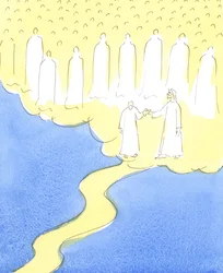 El alma bendita que ha perseverado hasta el final, en amor a Cristo y a su prójimo, es llevada de la mano por Cristo, para encontrarse con los amigos celestiales que están reunidos para darle la bienvenida a su compañía, 2004