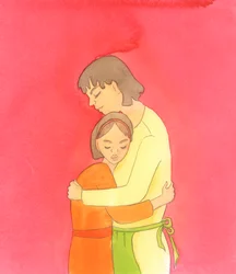 El consuelo que experimentan los amigos íntimos de Cristo, en su presencia, es como el consuelo que experimenta una niña angustiada cuando es abrazada por su madre, 2005 (acuarela sobre papel).
