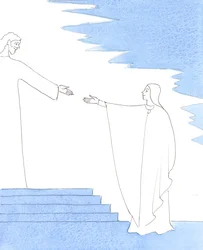 La generosa respuesta de la Santísima Virgen a la invitación de Dios de convertirse en Madre de Dios le trajo mucho sufrimiento, pero también una tremenda alegría y gloria, 2005 (acuarela sobre papel)