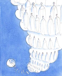 Entonces el Señor llevó mi alma como a las alturas del Cielo, para mostrarme que, desde tal perspectiva, la Tierra es muy pequeña, y la vida terrenal muy breve, 2005 (acuarela sobre papel)