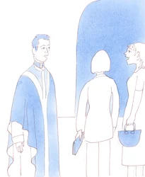 Hay católicos que están de acuerdo con su sacerdote cuando les dice lo bueno que sería para ellos aprender más sobre la Fe; y algunos incluso le piden que organice conferenciantes, 2005 (acuarela sobre papel).