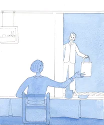 Los que disfrutan de las visiones pero se contentan con prescindir de ellas son como las amas de casa a las que les encanta recibir visitas para tomar un café y charlar, pero que se contentan con seguir con sus tareas ordinarias, 2004 (acuarela sobre papel