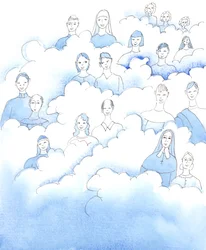 Aunque sabemos que los santos no se sientan sobre las nubes, como se muestra en las imágenes antiguas, la verdad que se muestra a través de esas imágenes sigue siendo la misma, 2005 (acuarela sobre papel)