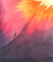 Vivir como un fiel católico, en circunstancias difíciles, es como escalar una gran montaña, sabiendo que una gran bienvenida espera a los escaladores en la cumbre, 2005 (acuarela sobre papel)