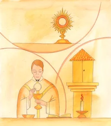 Podemos obtener grandes gracias del Cielo a través de las oraciones de los Santos; sin embargo, las mayores gracias nos las da Cristo mismo, directamente, en la Misa, en el Santísimo Sacramento en el Sagrario, y en la Exposición y Adoración, 2005 (acuarela
