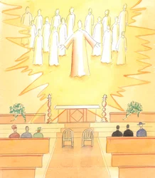 Cuando un hombre y una mujer están a punto de hacer sus votos matrimoniales en una iglesia católica, Cristo está allí con todos sus santos, para ser testigo del matrimonio, que es un sacramento de la Iglesia, 2005 (acuarela sobre papel).