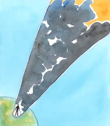 Cuando una persona vive sólo para satisfacer sus apetitos, e incluso trata a un niño con desdén y crueldad, es como si estuviera separada de Dios por cientos de kilómetros de nubes impenetrables, 2005 (acuarela sobre papel)